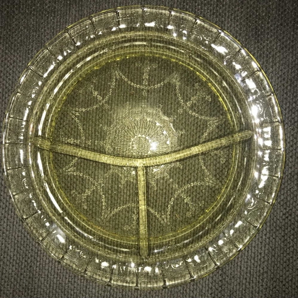 4 Cameo Depression Glass Divided Grille Plates. 10-1/4” Exc. Condition
